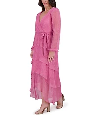 Kensie Shimmer Knit V-Neck Long Sleeve Tie Waist Ruffle Skirt A-Line Maxi Dress