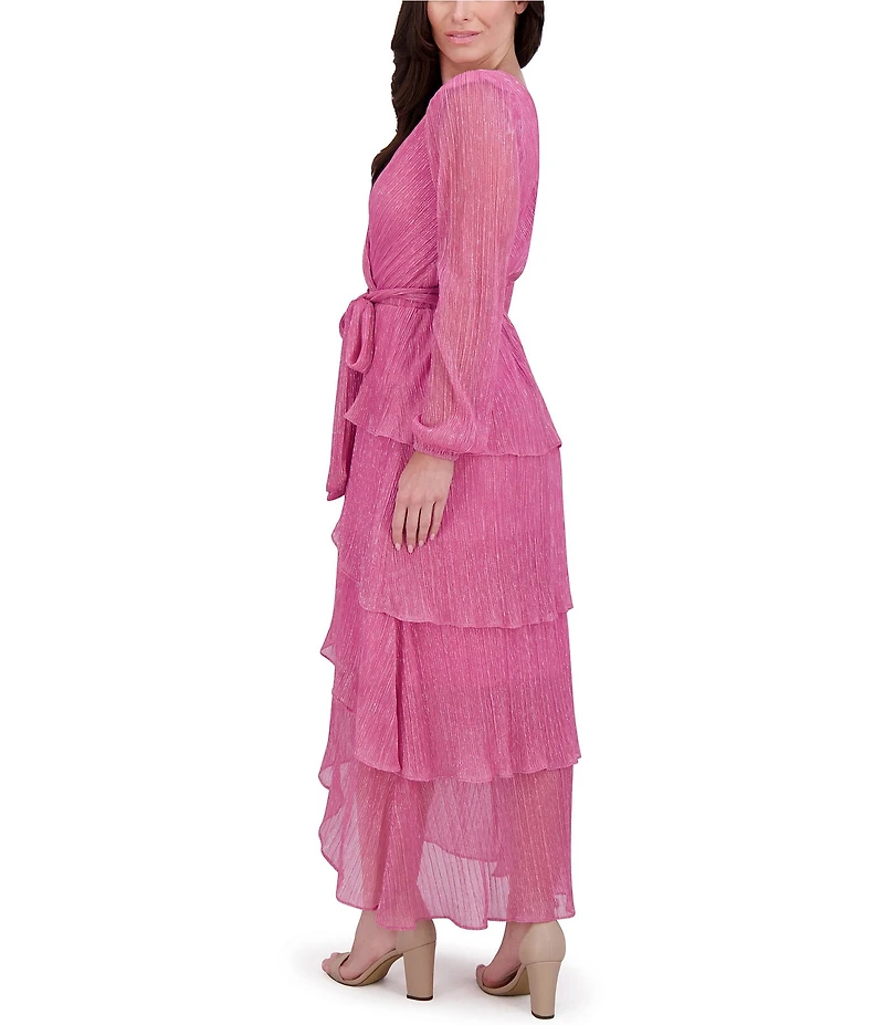Kensie Shimmer Knit V-Neck Long Sleeve Tie Waist Ruffle Skirt A-Line Maxi Dress