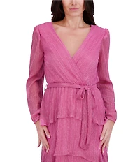 Kensie Shimmer Knit V-Neck Long Sleeve Tie Waist Ruffle Skirt A-Line Maxi Dress