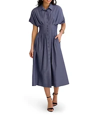 Kensie Short Dolman Sleeve Button Front Collared Cinched Waist Midi Dress