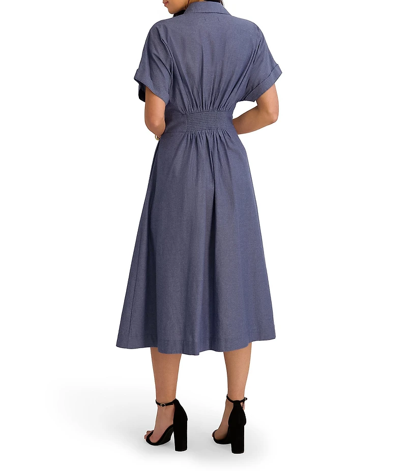 Kensie Short Dolman Sleeve Button Front Collared Cinched Waist Midi Dress