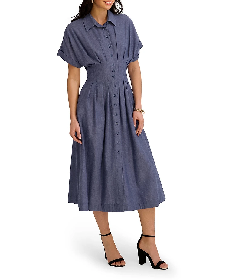 Kensie Short Dolman Sleeve Button Front Collared Cinched Waist Midi Dress