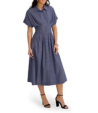 Kensie Short Dolman Sleeve Button Front Collared Cinched Waist Midi Dress