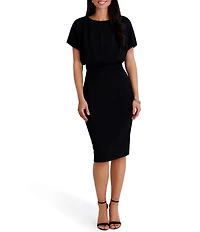 Kensie Short Sleeve Blouson Sheath Midi Dress
