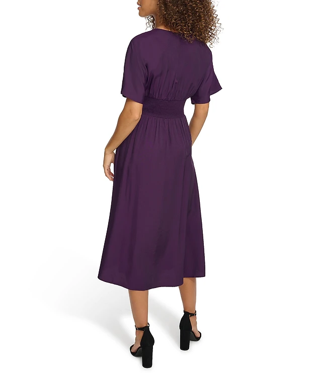 Kensie Short Sleeve Smocked Waist A-Line Midi Dress
