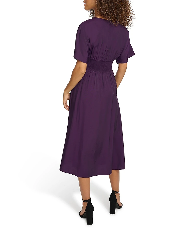 Kensie Short Sleeve Smocked Waist A-Line Midi Dress