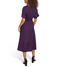 Kensie Short Sleeve Smocked Waist A-Line Midi Dress