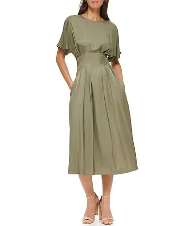 Kensie Short Sleeve Smocked Waist A-Line Midi Dress