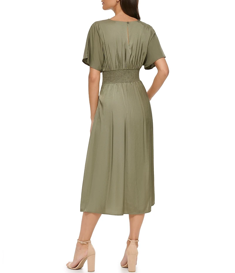 Kensie Short Sleeve Smocked Waist A-Line Midi Dress