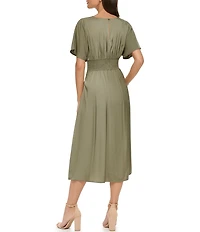 Kensie Short Sleeve Smocked Waist A-Line Midi Dress