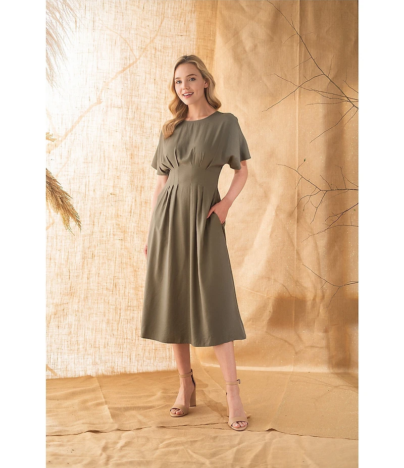 Kensie Short Sleeve Smocked Waist A-Line Midi Dress