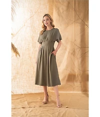 Kensie Short Sleeve Smocked Waist A-Line Midi Dress