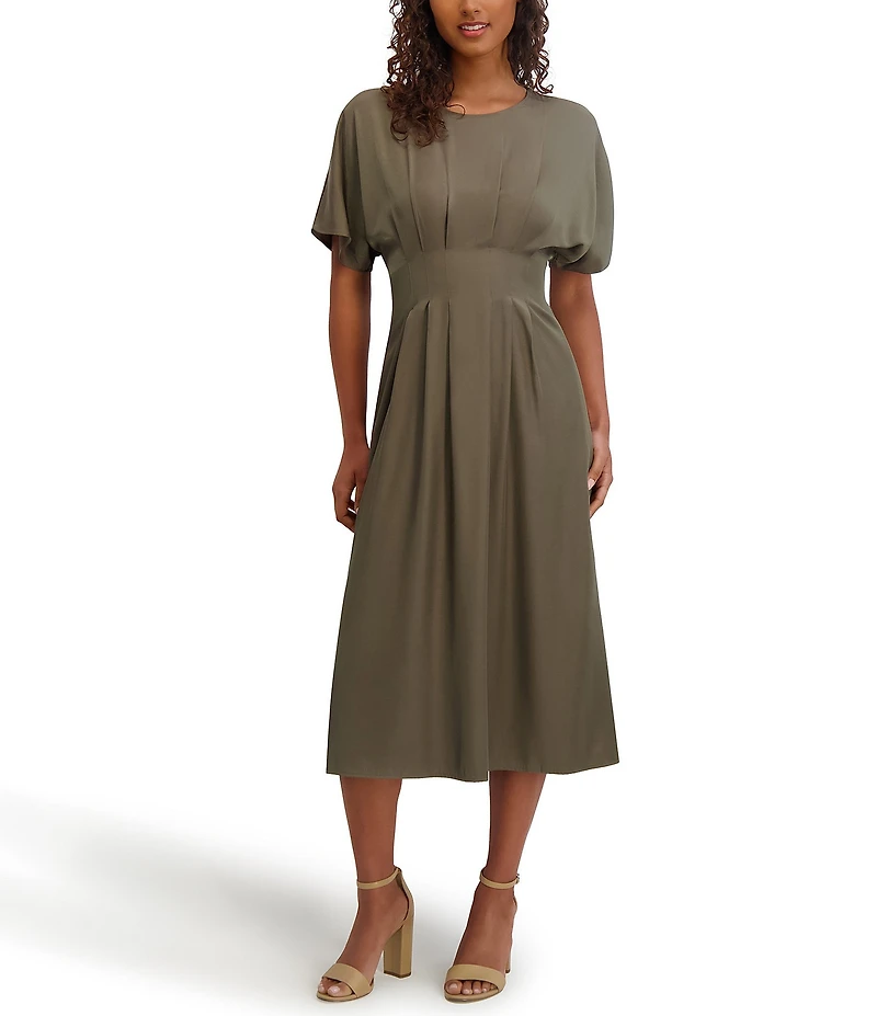 Kensie Short Sleeve Smocked Waist A-Line Midi Dress