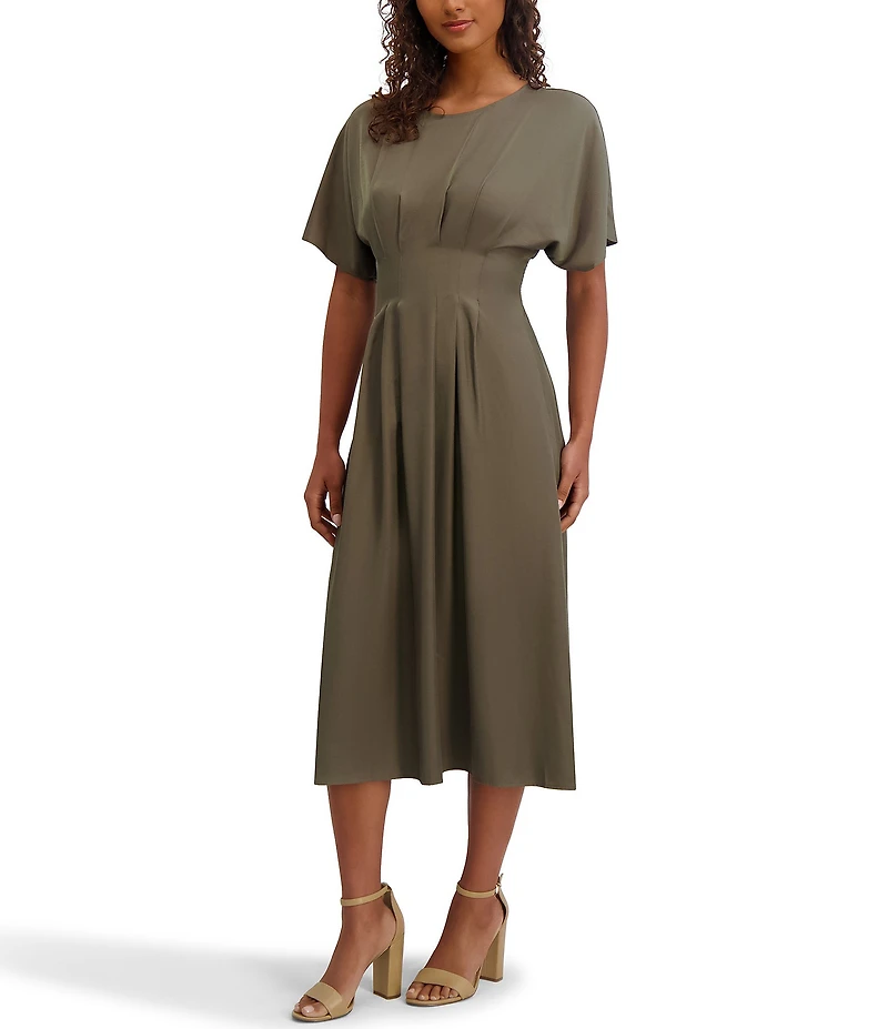 Kensie Short Sleeve Smocked Waist A-Line Midi Dress