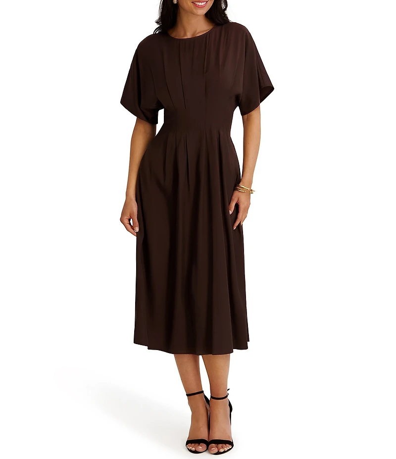 Kensie Short Sleeve Smocked Waist A-Line Midi Dress