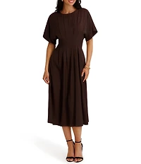 Kensie Short Sleeve Smocked Waist A-Line Midi Dress
