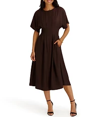 Kensie Short Sleeve Smocked Waist A-Line Midi Dress