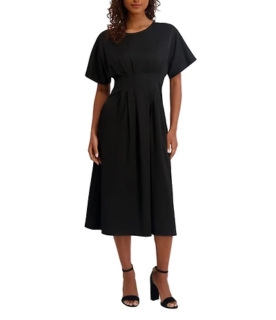 Kensie Short Sleeve Smocked Waist A-Line Midi Dress
