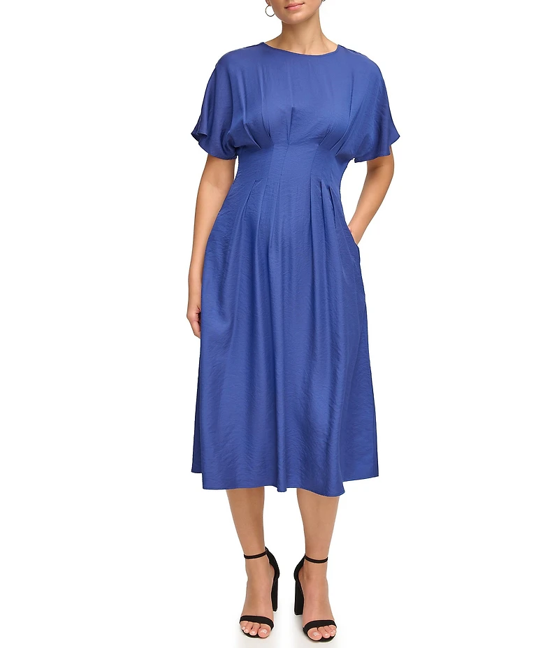 Kensie Short Sleeve Smocked Waist A-Line Midi Dress