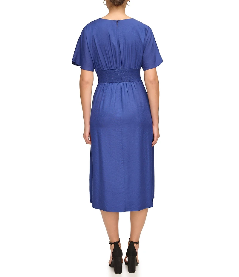 Kensie Short Sleeve Smocked Waist A-Line Midi Dress