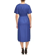 Kensie Short Sleeve Smocked Waist A-Line Midi Dress