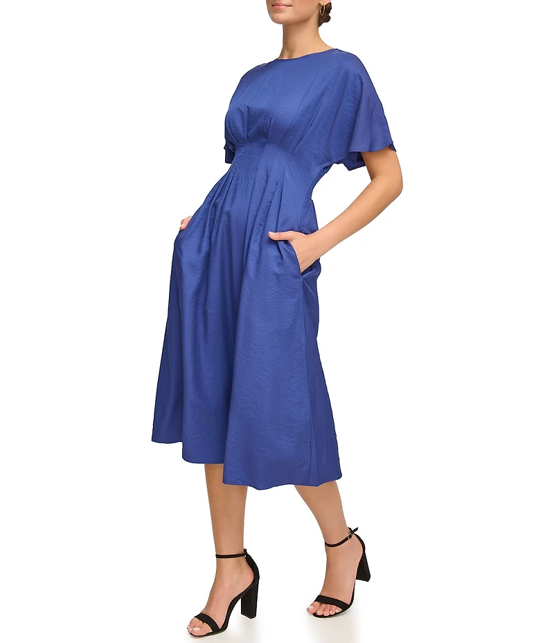 Kensie Short Sleeve Smocked Waist A-Line Midi Dress