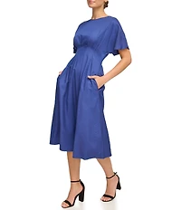 Kensie Short Sleeve Smocked Waist A-Line Midi Dress