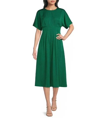 Kensie Short Sleeve Smocked Waist A-Line Midi Dress