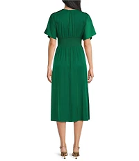 Kensie Short Sleeve Smocked Waist A-Line Midi Dress