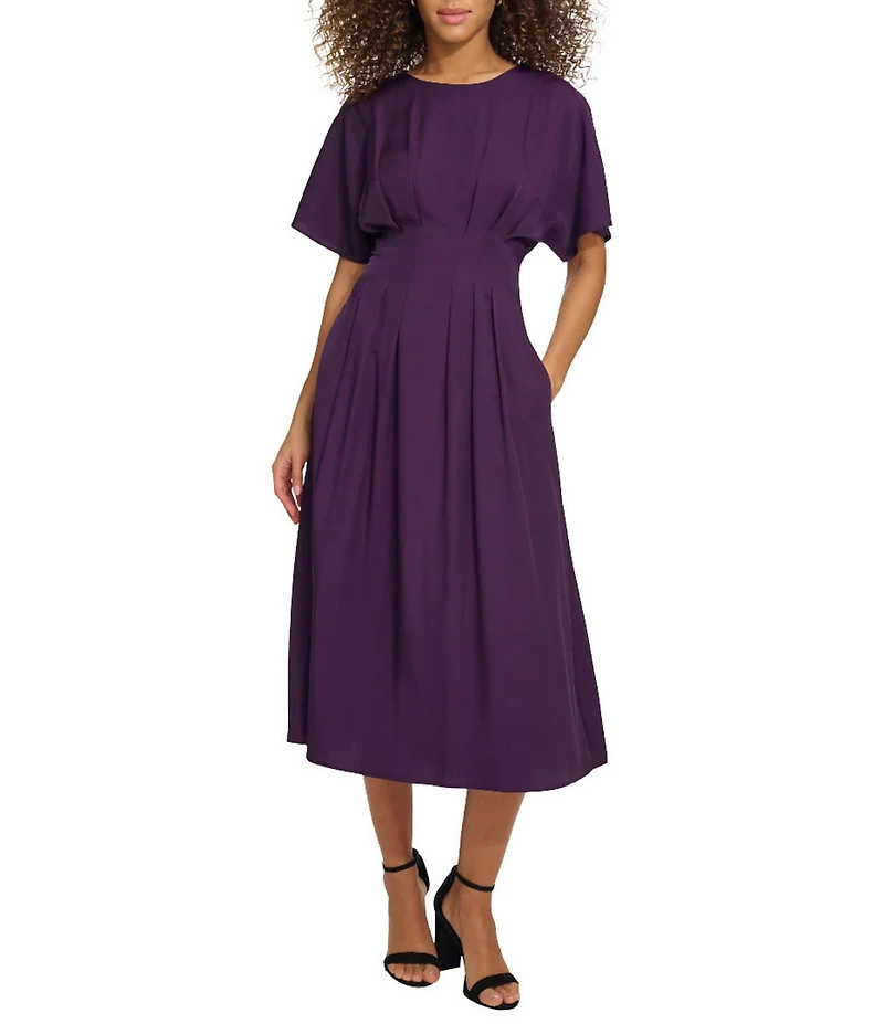Kensie Short Sleeve Smocked Waist A-Line Midi Dress