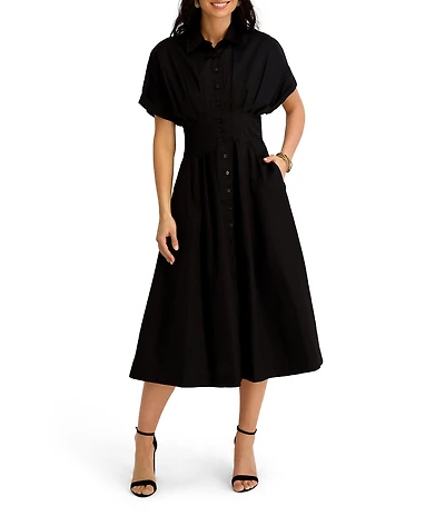 Kensie Short Sleeve Shirt Button Front Pleated Midi Dress