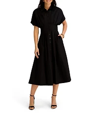 Kensie Short Sleeve Shirt Button Front Pleated Midi Dress