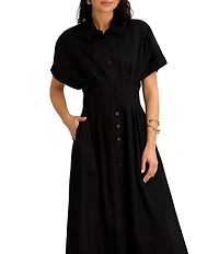 Kensie Short Sleeve Shirt Button Front Pleated Midi Dress