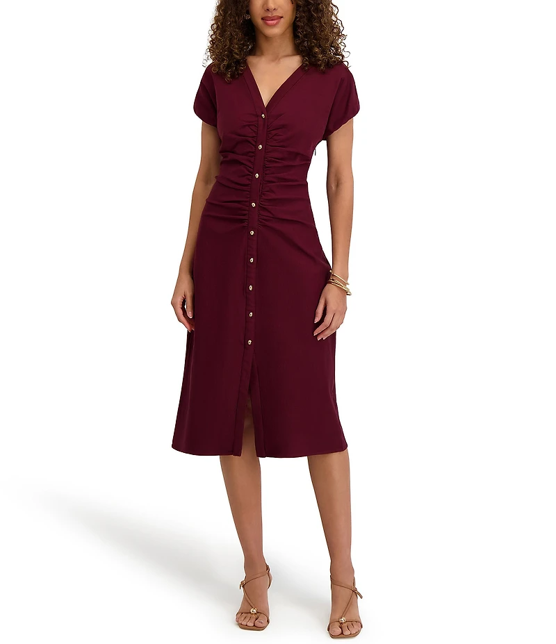 Kensie Short Sleeve V-Neck Ruched Button Midi Dress