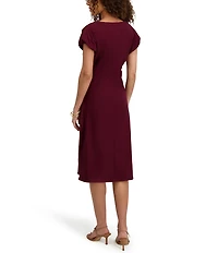 Kensie Short Sleeve V-Neck Ruched Button Midi Dress