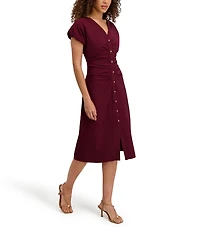Kensie Short Sleeve V-Neck Ruched Button Midi Dress
