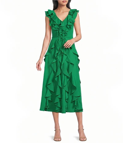 Kensie Silky Woven V-Neck Sleeveless Ruffle A-Line Midi Dress