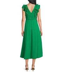 Kensie Silky Woven V-Neck Sleeveless Ruffle A-Line Midi Dress