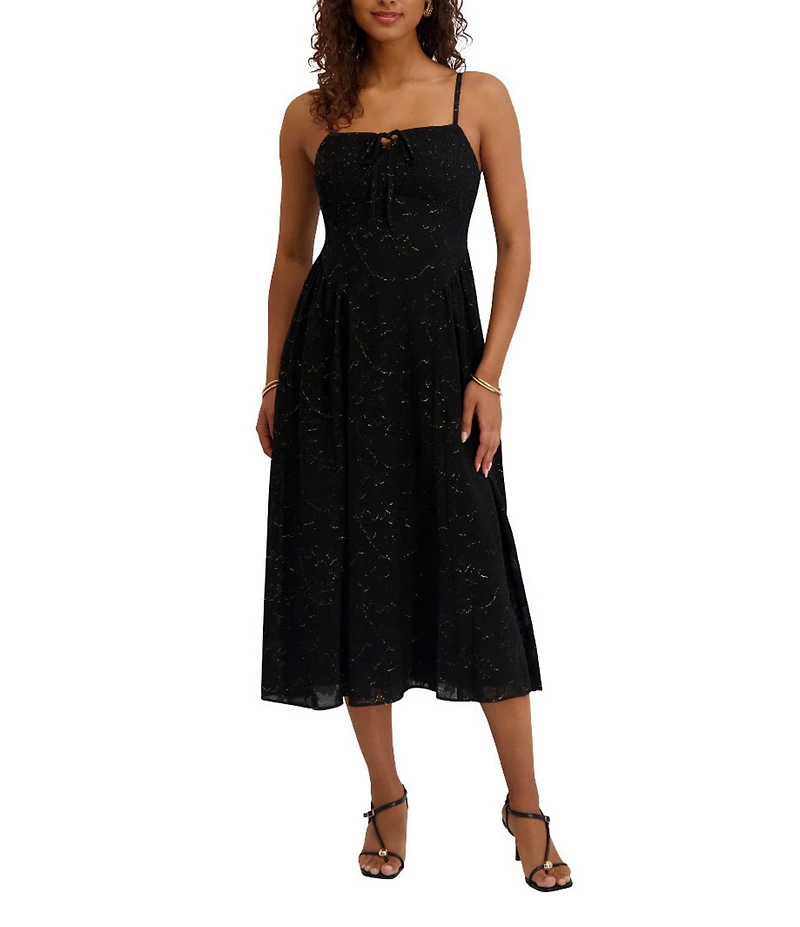 Kensie Sleeveless Cutout Back Lurex Burnout Chiffon Shirred Diamond Waist Midi Dress