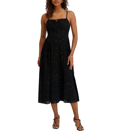 Kensie Sleeveless Cutout Back Lurex Burnout Chiffon Shirred Diamond Waist Midi Dress