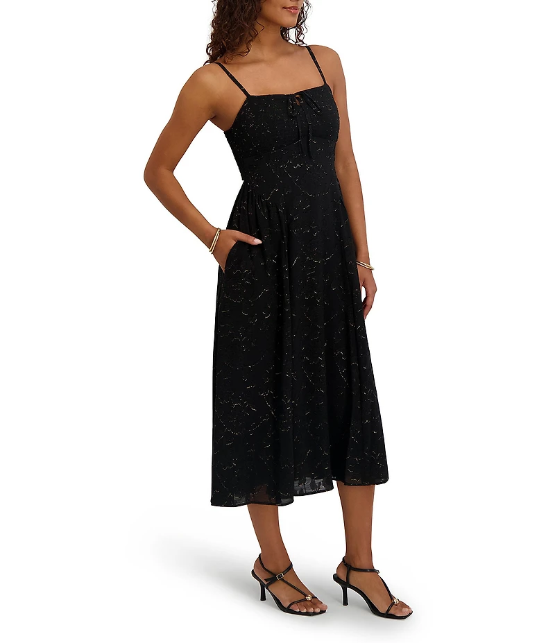 Kensie Sleeveless Cutout Back Lurex Burnout Chiffon Shirred Diamond Waist Midi Dress