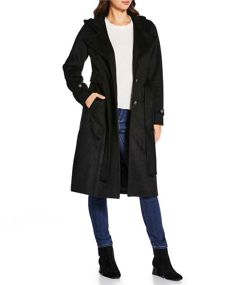 Kensie Smooth Plush Wool Oversized Notch Collar Belted Button Front Walker Coat