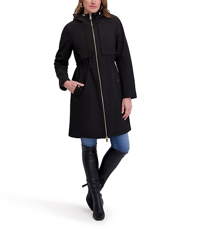 Kensie Softshell Hooded Funnel Neck Long Sleeve Drawcord Zip Front Walker Coat