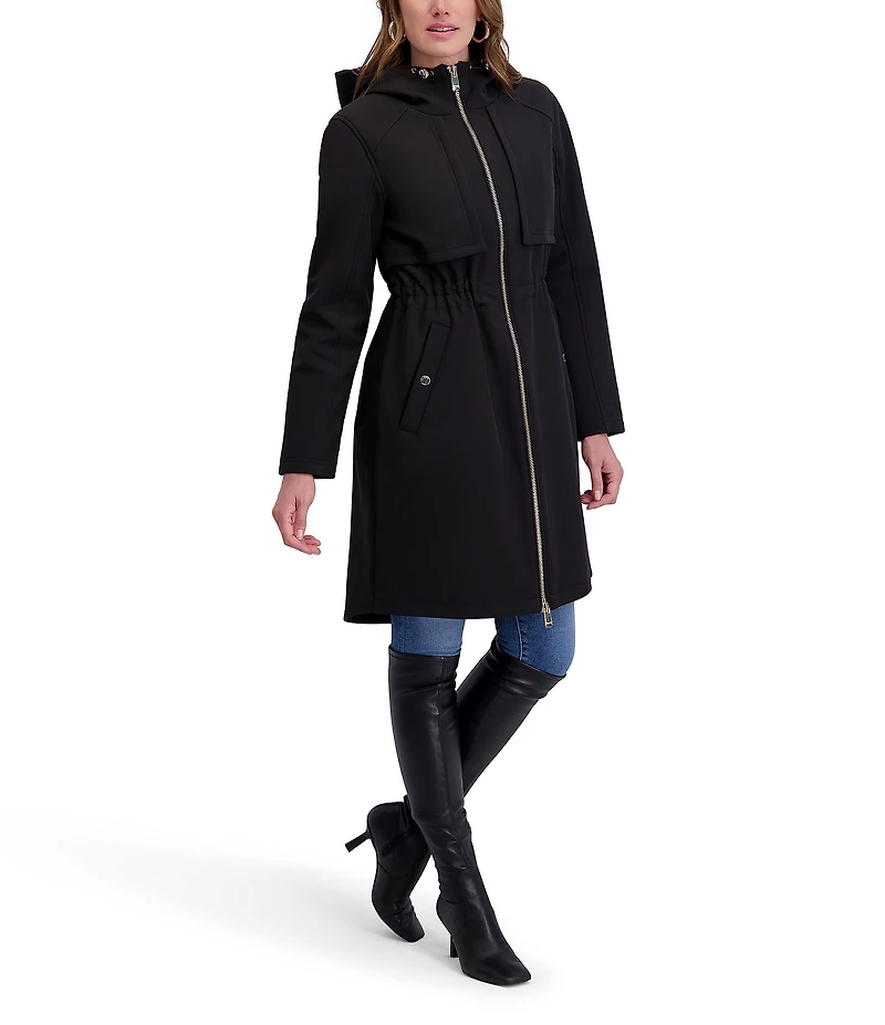 Kensie Softshell Hooded Funnel Neck Long Sleeve Drawcord Zip Front Walker Coat