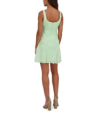Kensie Soutache 3D Floral Print Square Neck Sleeveless A-Line Mini Dress