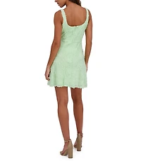 Kensie Soutache 3D Floral Print Square Neck Sleeveless A-Line Mini Dress