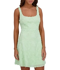 Kensie Soutache 3D Floral Print Square Neck Sleeveless A-Line Mini Dress