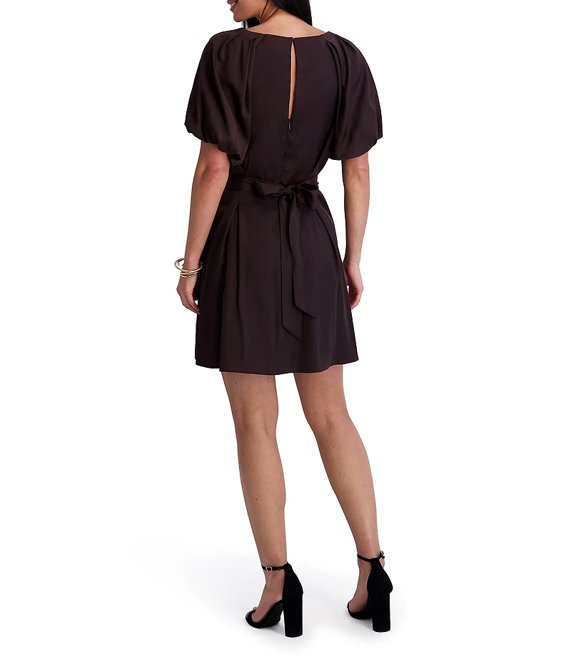 Kensie Split V Neck Balloon Sleeve Pleated Waist Blouson Dress