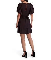 Kensie Split V Neck Balloon Sleeve Pleated Waist Blouson Dress