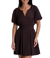 Kensie Split V Neck Balloon Sleeve Pleated Waist Blouson Dress